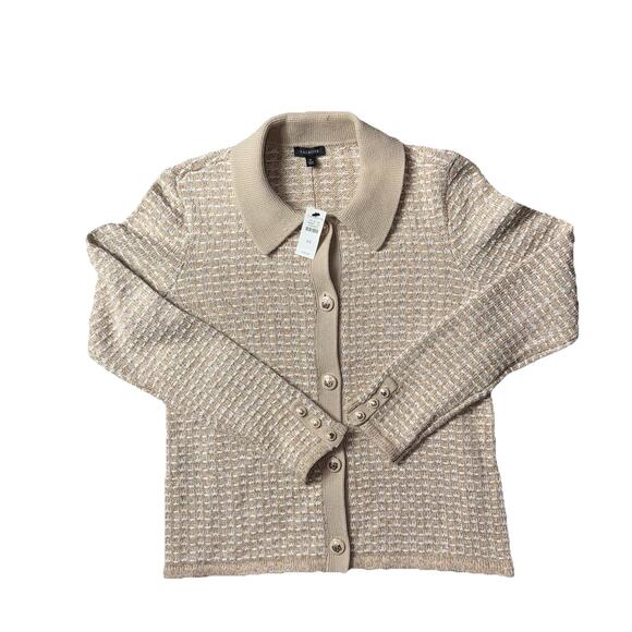 NEW Talbots Womens XS Polo Cardigan Dash Stripe Beige Tan Button Front Sweater - Picture 2 of 8